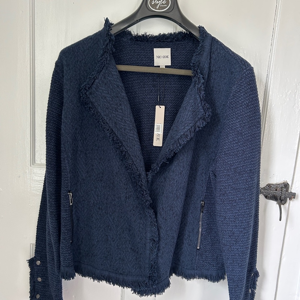 NIC+ZOE Navy Fringed Knit Zip-Pocket Blazer